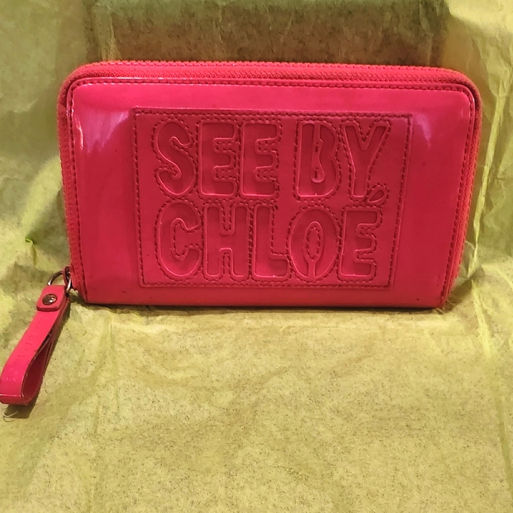 See By Chloe Patent Leather Long Zip Wallet Hot Pink 8" X 4.5"